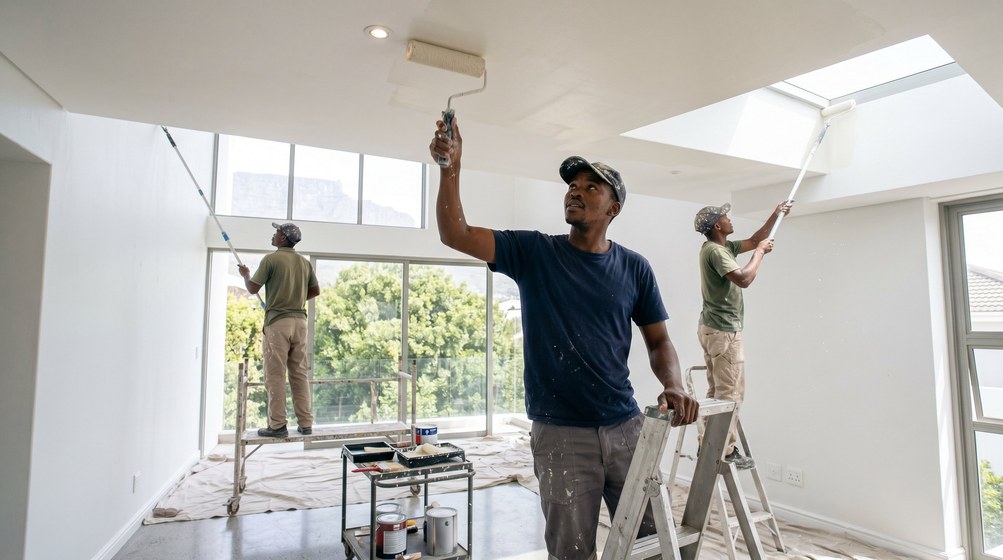Professional ceiling painters rolling white paint onto a high ceiling in Tygerberg
