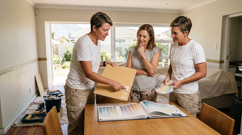 Professional colour consultant showing paint swatches to a homeowner in Tygerberg