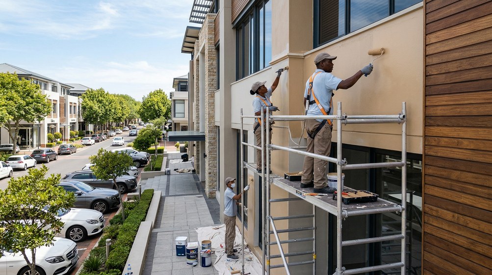 Professional commercial painters on scaffolding painting a building in Tygerberg
