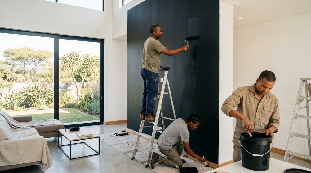 Professional painters creating a bold black feature wall in a modern Tygerberg home