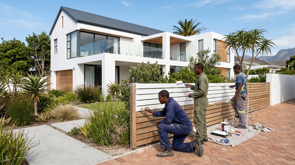 Professional fence painters painting a wooden fence at a Tygerberg home in Tygerberg