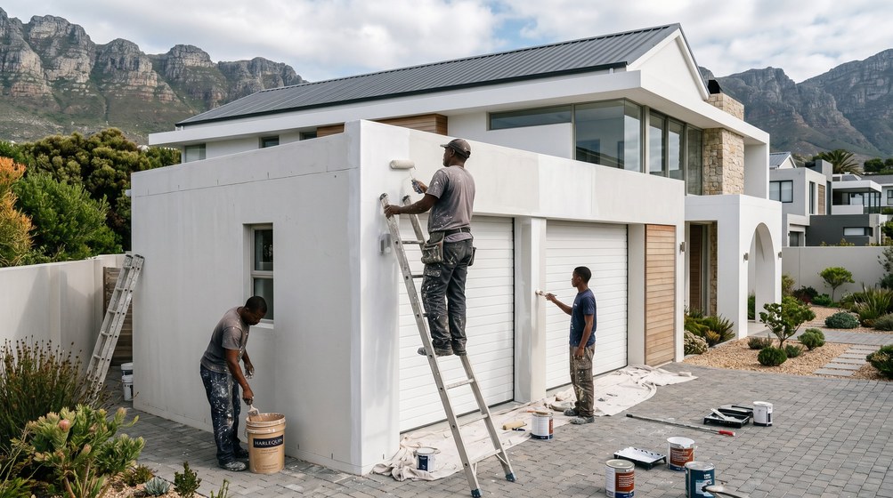 Professional painters painting a double garage exterior and garage doors in Tygerberg