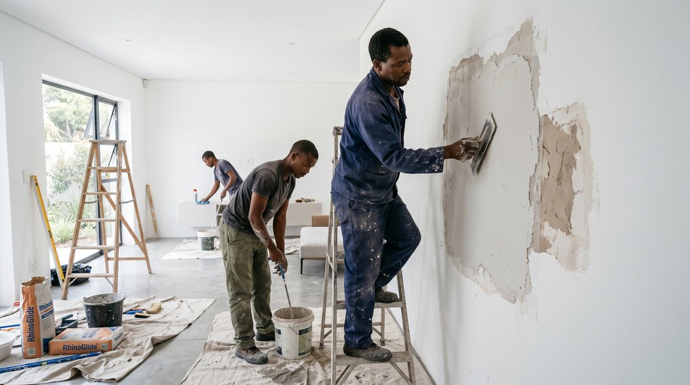Professional plaster repair team skim coating damaged walls in Tygerberg