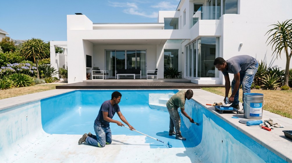 Professional pool painters applying blue pool paint to a swimming pool in Tygerberg