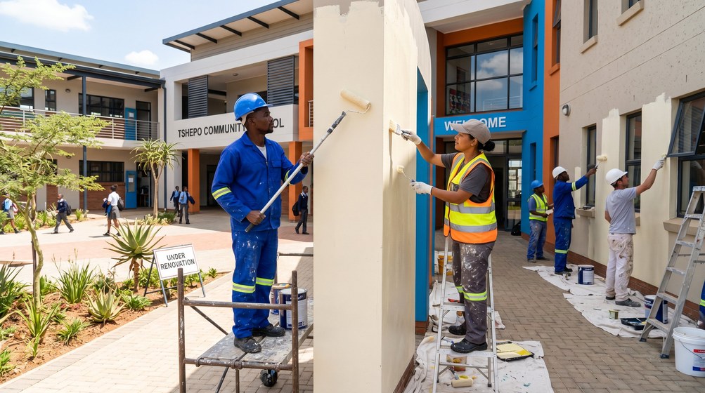 Professional school painting team painting a community school in Tygerberg