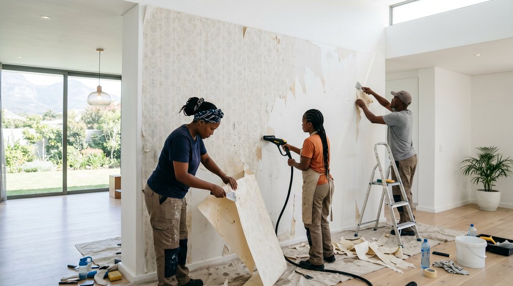Professional wallpaper removal team stripping old wallpaper in a Tygerberg home