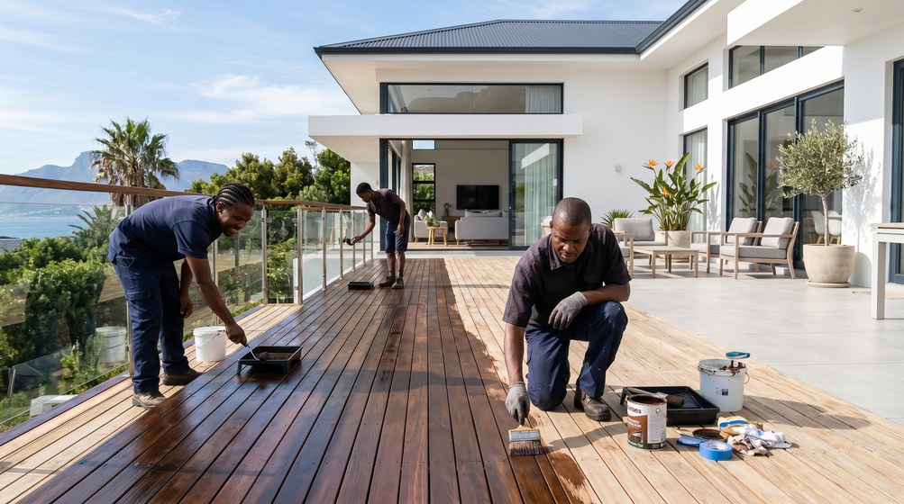 Professional wood staining team applying deck stain on a home in Tygerberg